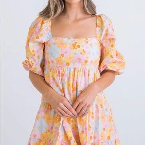 Karlie Orange and Pink Floral Puff Sleeve Sundress